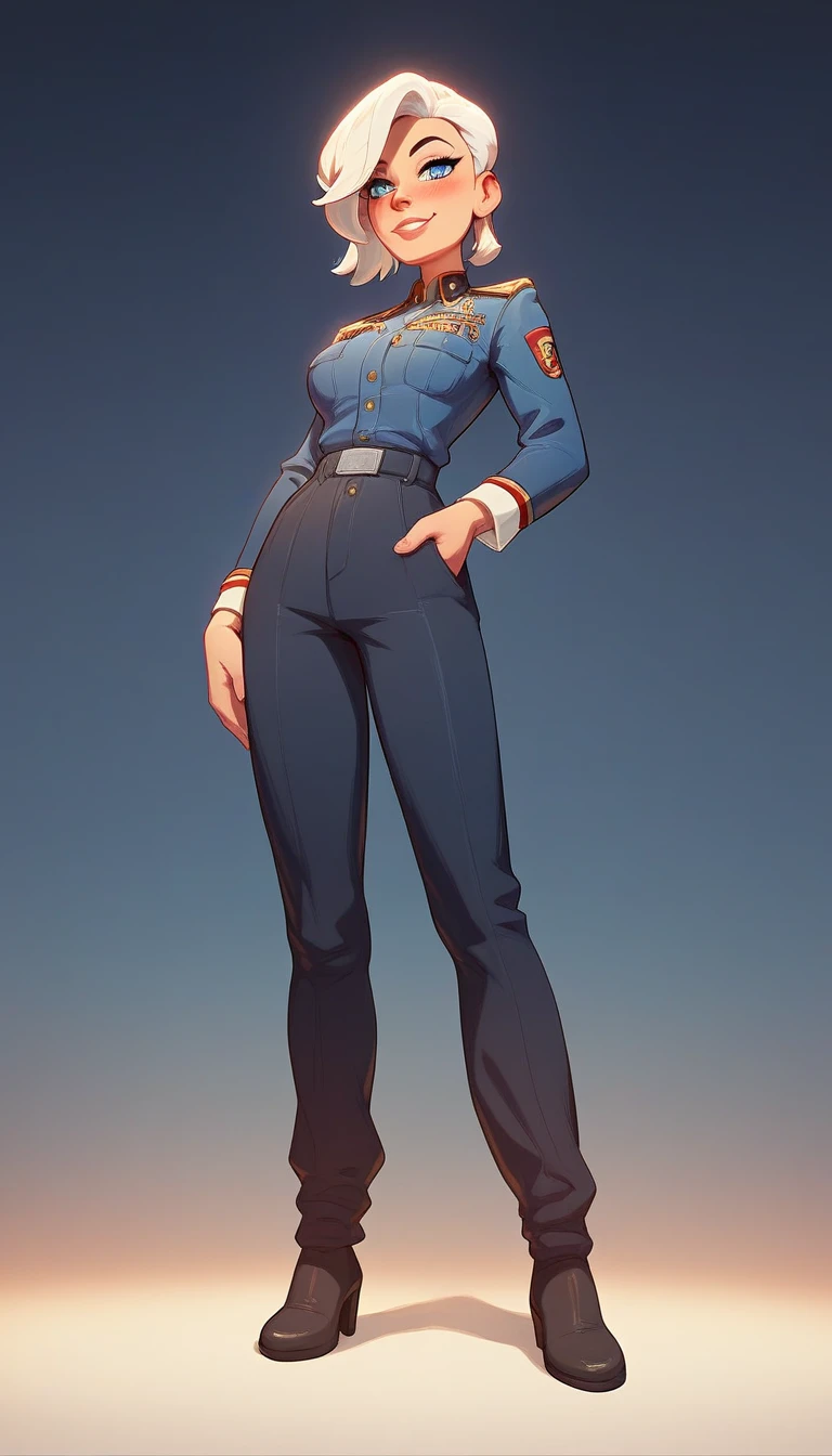 A full-body portrait of a beautiful young woman with white hair and light blue eyes. The image is viewed from a slightly low angle, showing her full figure in a modern military uniform. Her posture is strong and confident, with her cheeks subtly blushed, and she is glancing to the side. The background is minimalistic, ensuring the focus remains on her entire figure., light smile, depth of field, cinematic lighting, highres, best quality, super detail, masterpiece