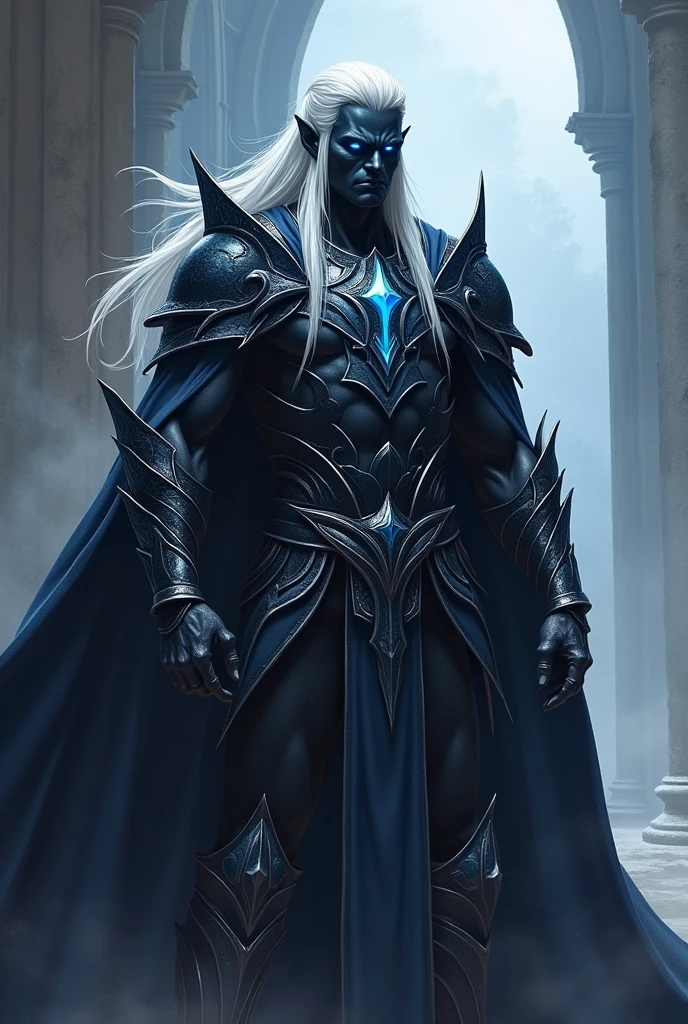 A great warrior, an incredibly handsome Drow man, an emperor, long white hair combed back, black skin, strong build, completely blue eyes, in incredible onyx armor, full height, dynamic pose
