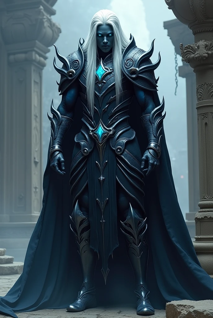 A great warrior, an incredibly handsome Drow man, an emperor, long white hair combed back, black skin, strong build, completely blue eyes, in incredible onyx armor, full height, dynamic pose