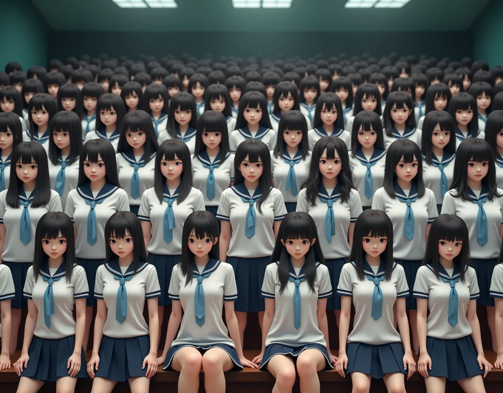 (Japanese Clone-girls=Myself), (Super Best masterpiece Clone-girls Raw Photography Art), (16K, Highest quality, Ultra-high resolution, RAW Photos), (It's so unrealistic., With unparalleled depiction, With an unfathomable sight, An unprecedented and shocking worldview, Clone-girls: In a world of mass reproduction, Ultra-realistic), (Japanese Girls, , Small face, Thick black hair, long hair, Dark Eyes, Mature face, かわいいsmile, Smiling face, A gentle gaze, Very pleasant look), (Very beautiful detailed girls, Accurate body structure, Accurate body movements, Very detailed body, (Super big breasts, Large bulge of ample breasts)), (Schoolgirl uniform, Short sleeve, mini skirt, Emphasise the fullness of your breasts), (Very detailed, Myself cloning, Depiction of splitting oneself, 1Myself girl→1,000,000,000,000,000,000,000,000,000,000Myself cloning girls), (Very detailed and intricate, ((Myself's body is multiplying, A perfectly matched depiction, (In the same female body,With the same face, With the same hairstyle, In the same clothes, At the same height, 同じSuper big breasts)), 1,000,000,000,000,000,000,000,000,000,000 people mass proliferation)), (Myself girls only), Academy, academic level, Commemorative photo depiction, Tiered stage photography, smile, Front view
