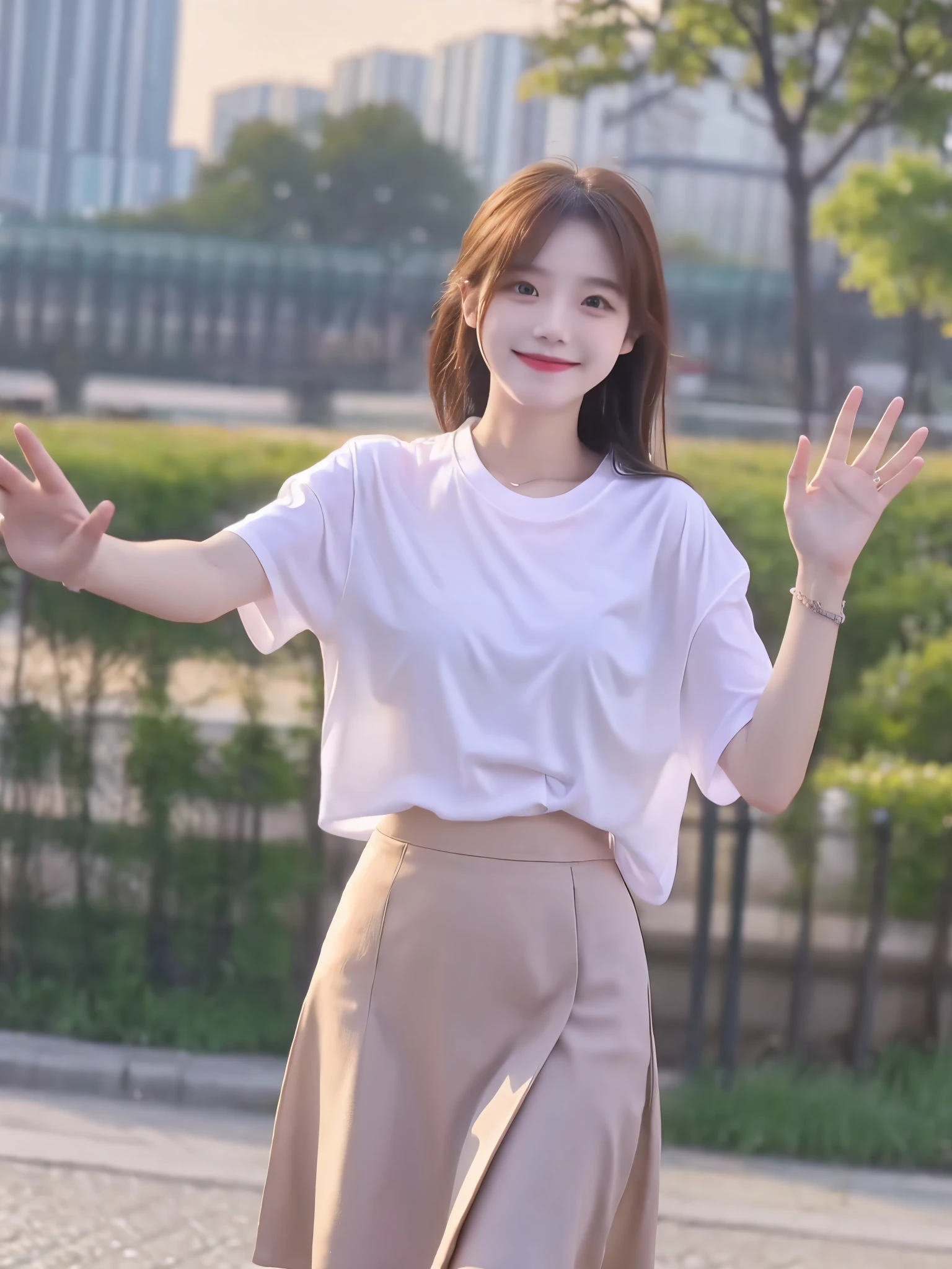 nature、Near the river、smile、Waving gesture、White T-shirt、Knee-length skirt、Our eyes meet