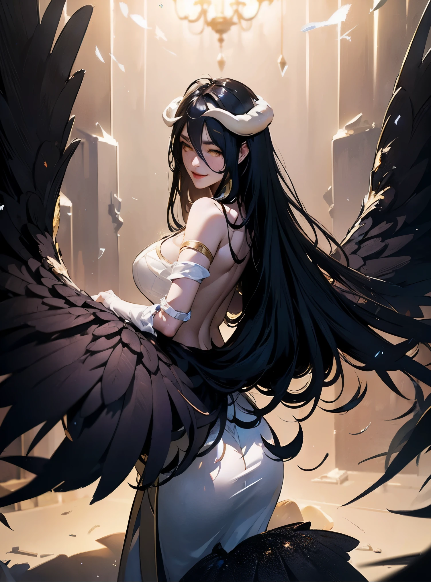 A demonic and seductive looking anime character, with black wings, long dark flowing hair, bright golden eyes, and curved horns like those of a ram. has pale skin, a mischievous smile and a playful and mysterious expression, holding a finger to his lips as if silencing someone. She wears a white dress with intricate detailing and gold accents, along with a blue gem on his chest. The scene is dramatically lit., with soft shadows that enhance her sharp features, as the background fades into darkness, adding an enigmatic and magical touch. The style is a mix of anime fantasy with intricate details, Capturing an intense portrait, close and dynamic