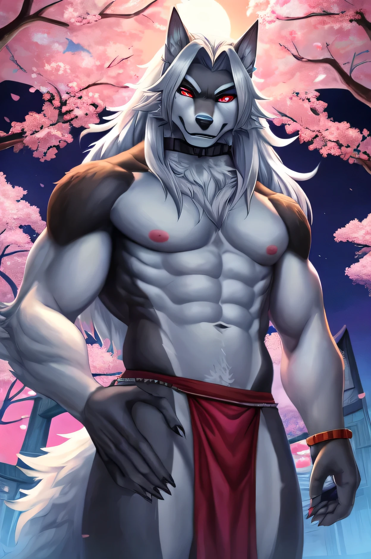 ((best quality)), ((masterpiece)), White long haired werewolf , male , Upper body naked, Slim body, Black body , White belly , White Face , An erect crotch , White Japanese loincloth , Gentle eyes, Red eye makeup , Seductive pose, Moonlit Japanese town with cherry blossoms , whole body
