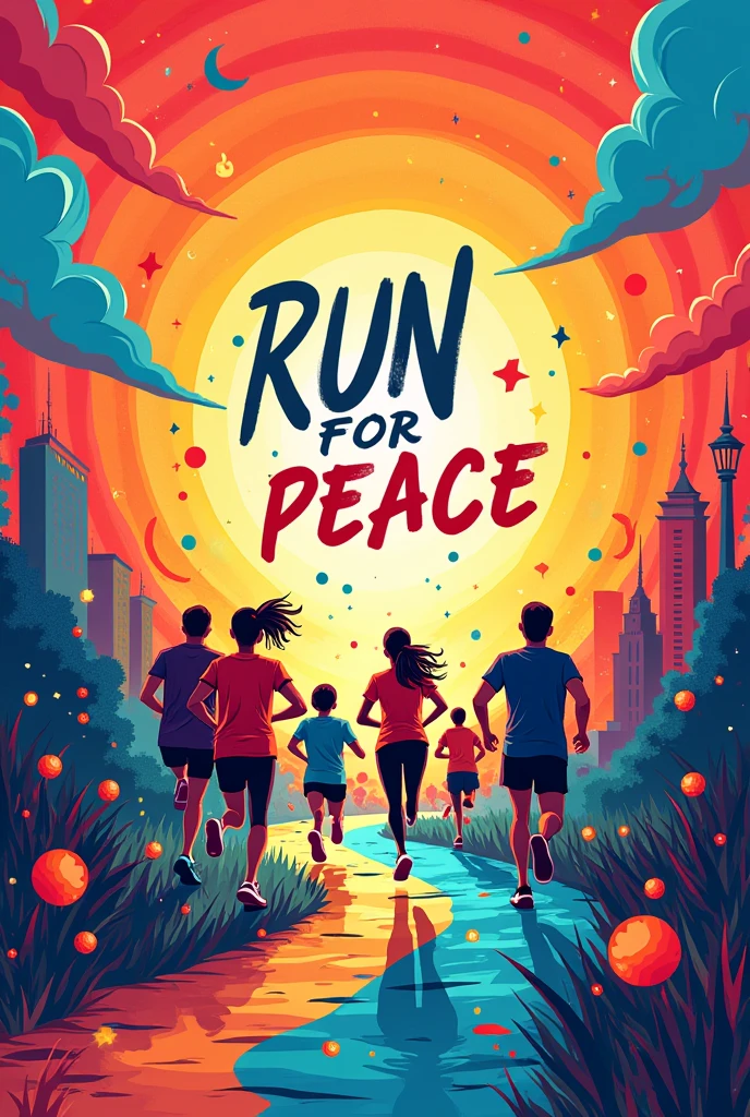 fun run poster with super colorful background with title of run for peace