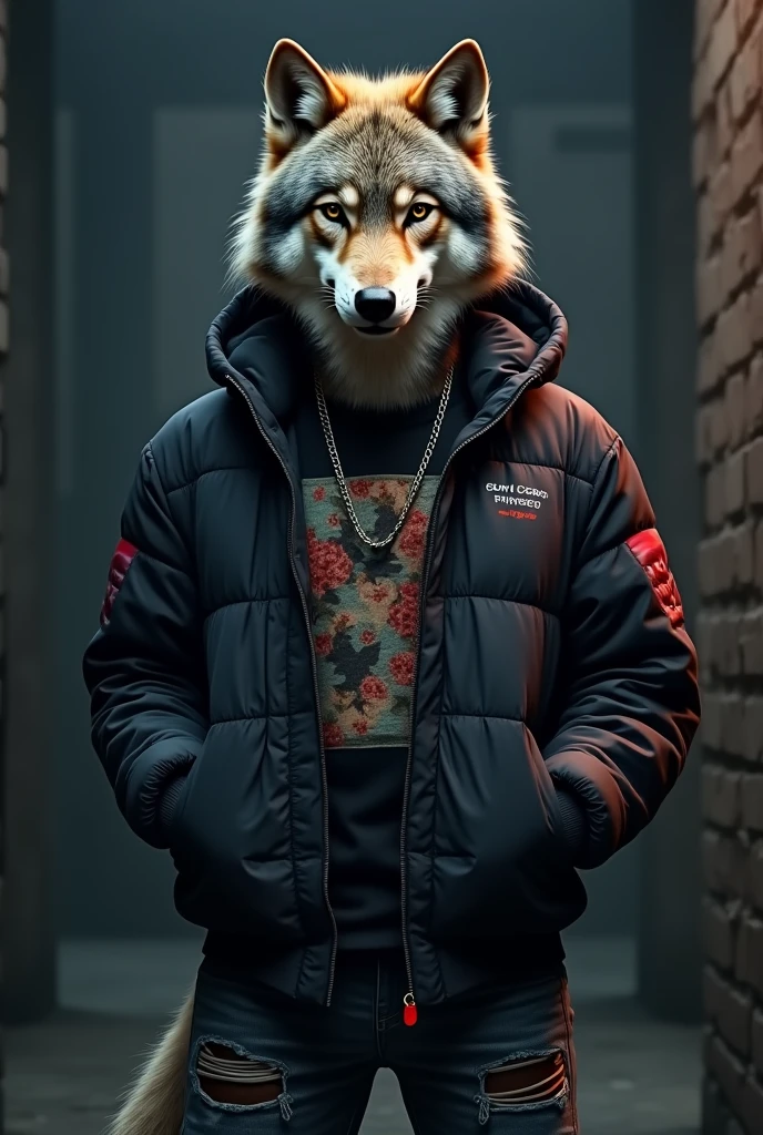 Price a picture of wolf wearing gen z clothes for you tube channel keep in drak theam try giving half body