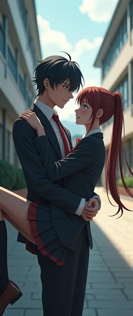 (32K:1.9, Realistic:1.9, Highest quality, masterpiece, Ultra-high resolution), Perfect dynamic composition:1.3, Highly detailed skin and facial textures:1.3, (Cute sexy slim Japanese schoolgirl, Tall、Slim Japanese high school student), Fair skin, ((Clarity:1.1)), ((Man is anime「Demon slayer」Cosplaying as Douma from)), (The girls wear uniforms of blazers and red ties.), (A male high school student is carrying a female high school student in his arms:1.5), (Cunning Smile:0.9, Totally captivates you:0.9), (beautiful Blue Eyes, beautiful, Clear Eyes:0.8), Sexy Face:0.4, blush:1.1, (beautifulエロティシズムを醸し出す雰囲気:0.8), The woman has her hair tied in a ponytail, Professional random camera work, Cinematic Lighting Effects, ((Full Body Shot)), ((Too erotic:0.9)) , romantic, mysterious, Object of admiration, original, dramatic, artistic, Innovative, charm, Heartful, Fancy, Tilt, sense of loss, special, exciting, Extreme, sense of openness, joy, joyの表現, ((若さのcharm, 女性的なcharm))