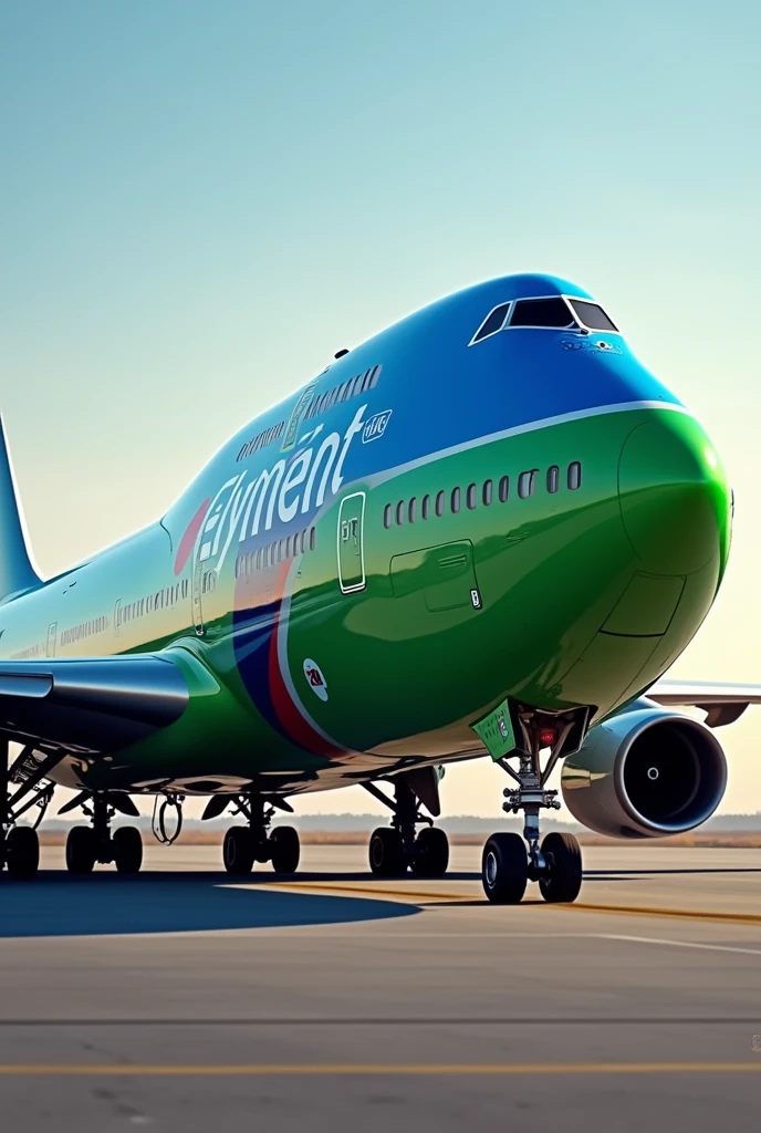A Boeing 747 with the text “Elyment Airlines” on it and the plane is green blue and red
