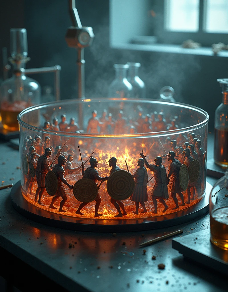 Laboratory bench where in the center is a petri dish and inside it there is a huge war between Greeks and Romans with many people. realistic drawing