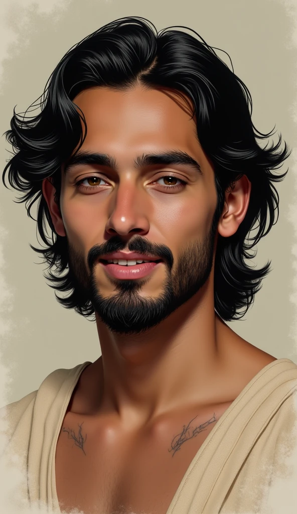 Create a forensic-style composite portrait of a person with the following features: medium height and build, not too thin or overweight. They are of Arab descent with well-groomed, slightly wavy black hair that reaches the tips of their ears. They have a broad forehead, thick black eyebrows with noticeable veins between them when displeased. Their nose is prominent but not long. They sport a well-maintained, thick beard and mustache, with a few missing teeth, including one that is broken due to a spear injury. The individual is muscular and appears fresh and vibrant. Their walking style resembles a steady, smooth gait on flat ground. When speaking, they often repeat themselves three times and tend to use the dialect of their conversation partner, occasionally tapping their left palm with their index finger. They can smile and laugh, but their laughter is subdued and not boisterous, even when something is very funny.