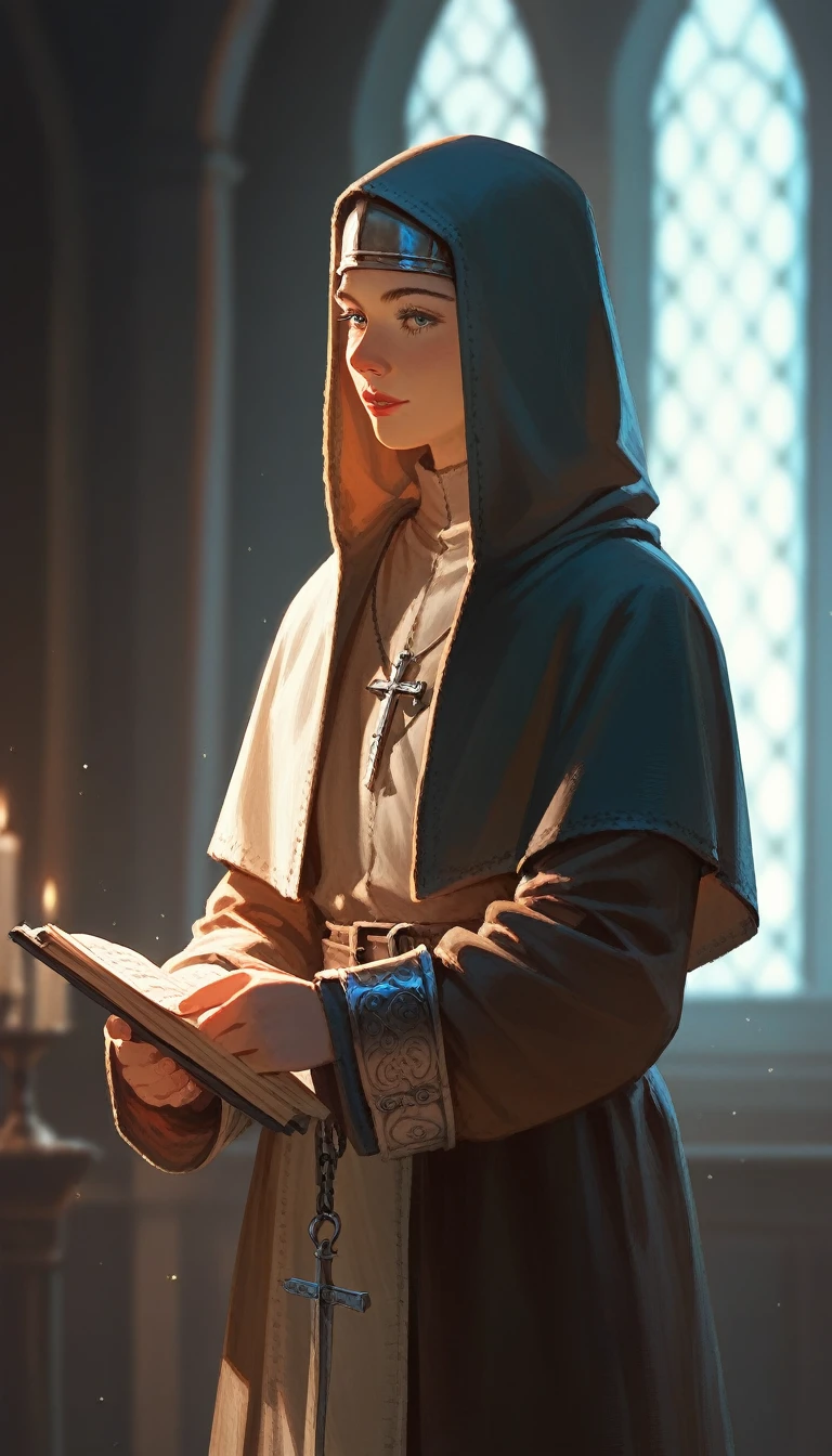 1girl, cleric, medieval fantasy art, cinematic lighting, intricate details, warm color palette