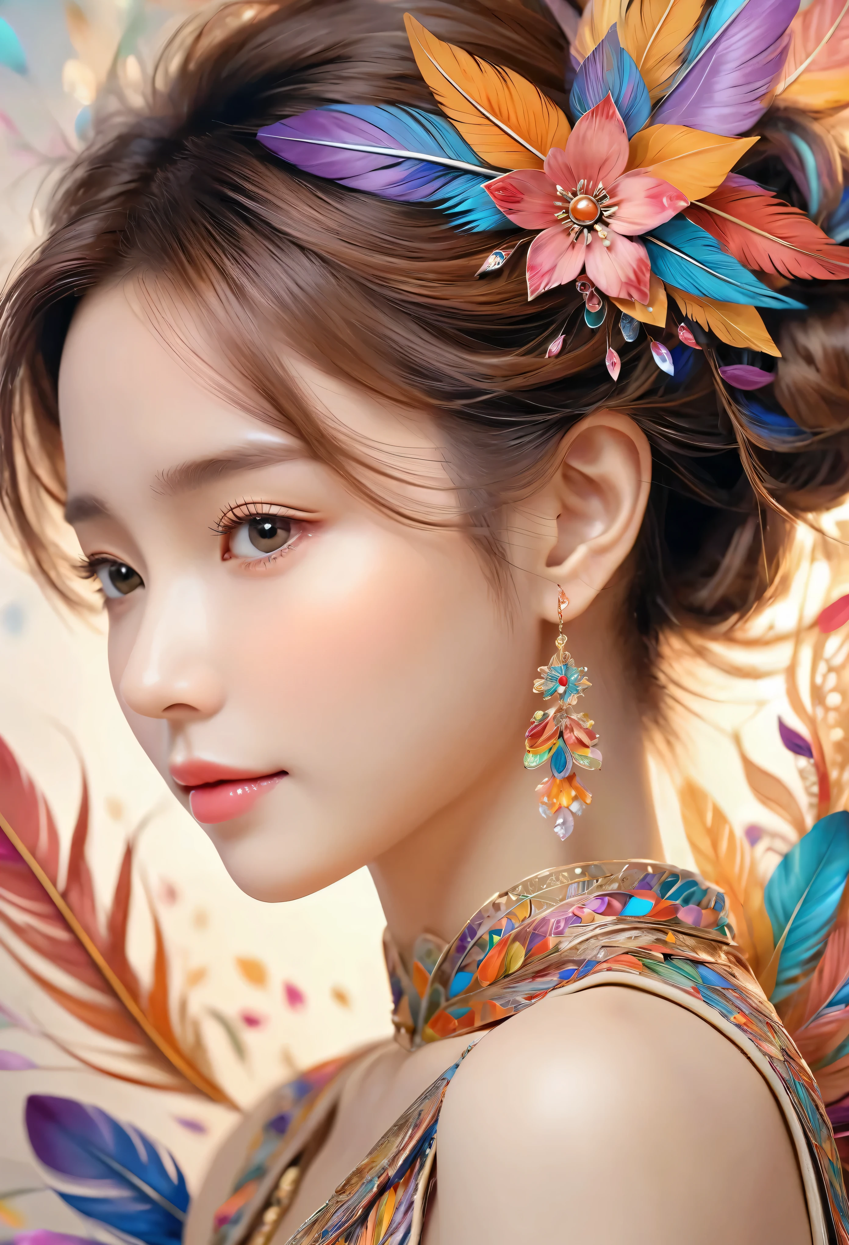 (One girl, alone, From the side), Very detailed, (Abstract background, Tangled, Fractal Art:1.3), (Many colors, colorful:1.1), (feather, petal, Flowers:1.3), Dynamic pose, Earrings 