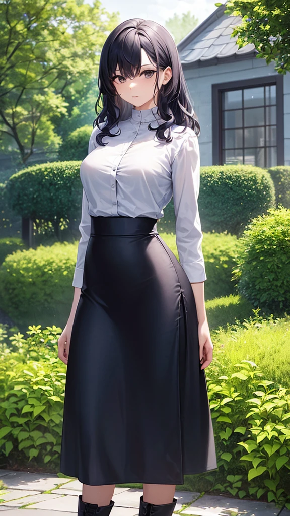 masterpiece, best quality, high detail, beautiful woman, wavy hair, dark blue hair, ((gray blouse)), black midi pencil skirt, ((long skirt)), upper body, hips, hip bones, boots, looking at viewer, garden, backyard, rainy backdrop, tree, cloudy sky, 