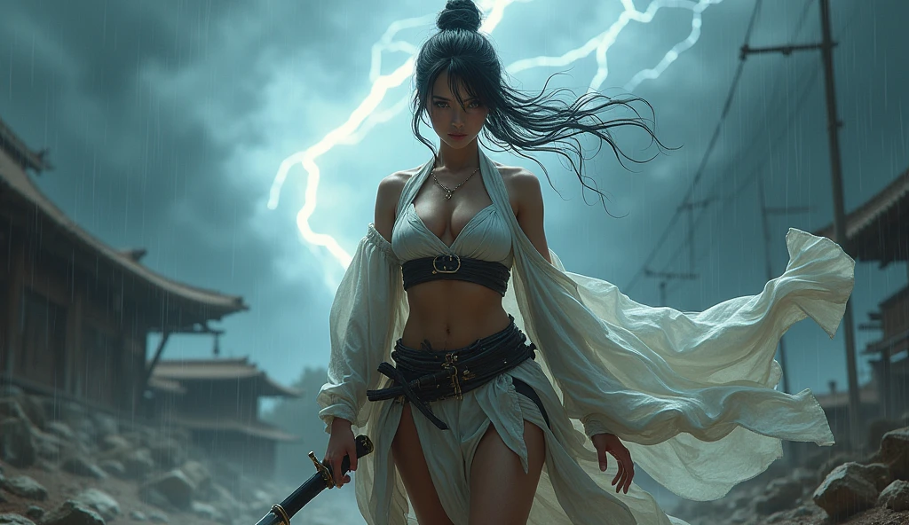 beautiful japanese woman with small breasts in revealing short samurai costume, fighting pose, confident look, battlefield, strong wind, heavy rain, thunderstorm