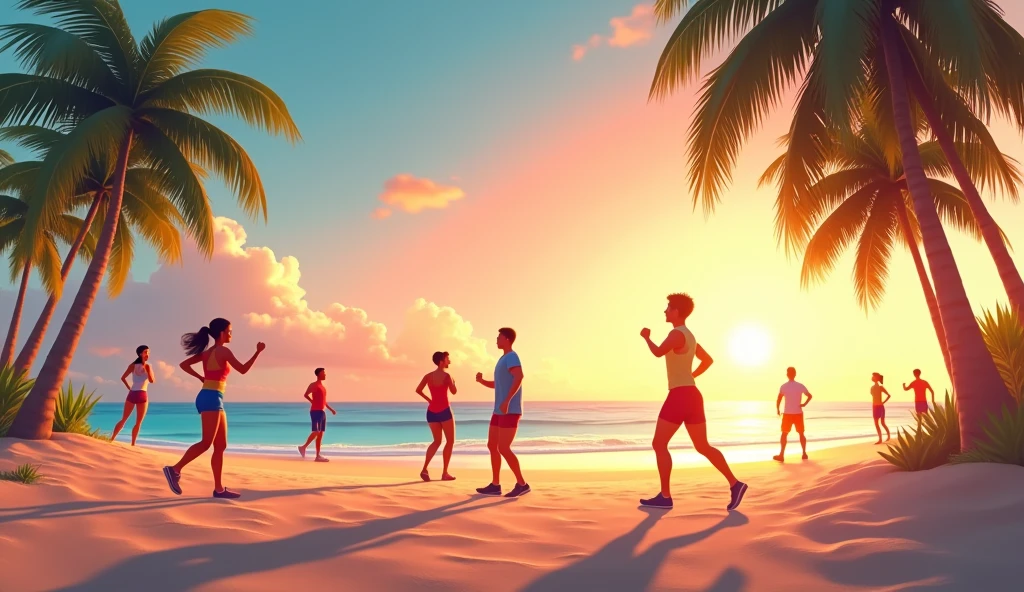 Create a horizontal image of a beach background where you can see a sunrise at sea, palm trees and on the sand there are some adults in sportswear doing Olympic sports. It must be an animated image