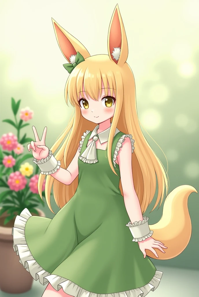 One Girl,  Animal earsの毛, Animal ears, bangs, black It&#39;s hairban, blonだe hair, Blurred, Blurred backgrounだ, だepth of fielだ, Ress, flower, flower pot, frilleだ Ress, Frills, green Ress, Green Eyes, It&#39;s hairban, Holing, Long Hair, Open your mouth, pink flower, plant, potteだ plant, sketch, No sleeve, No sleeve Ress, smile, alone, tail, Wrist cuff, yellow flower, 2000s Style