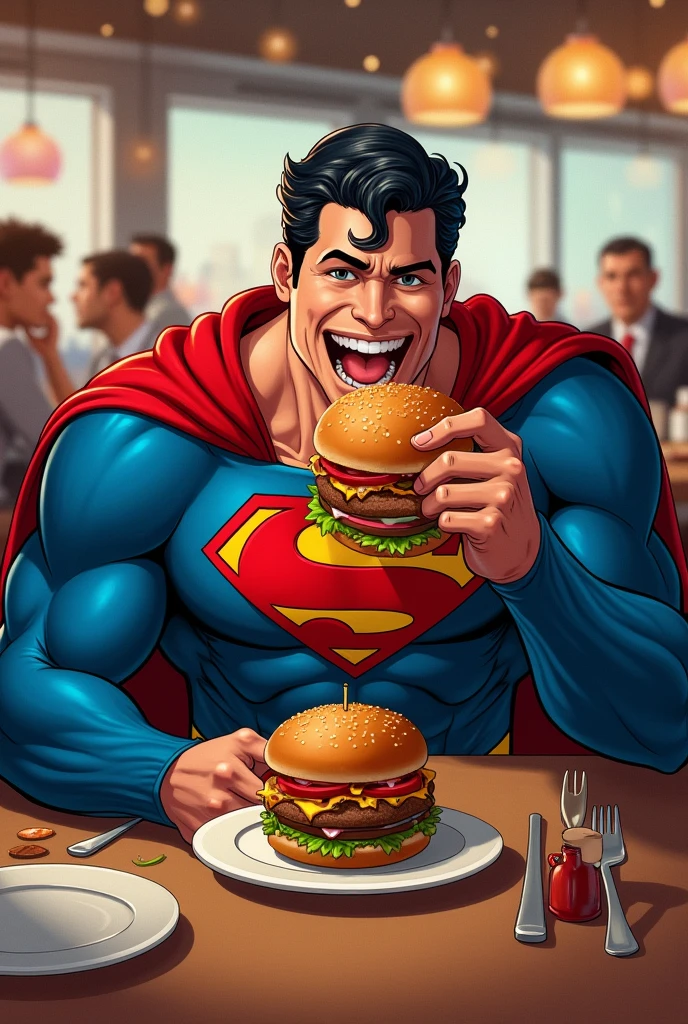 Scene 2: Super Man Eating a Burger
Prompt: Illustrate Super Man sitting at a restaurant table, eagerly digging into a giant burger with a satisfied expression on his face.