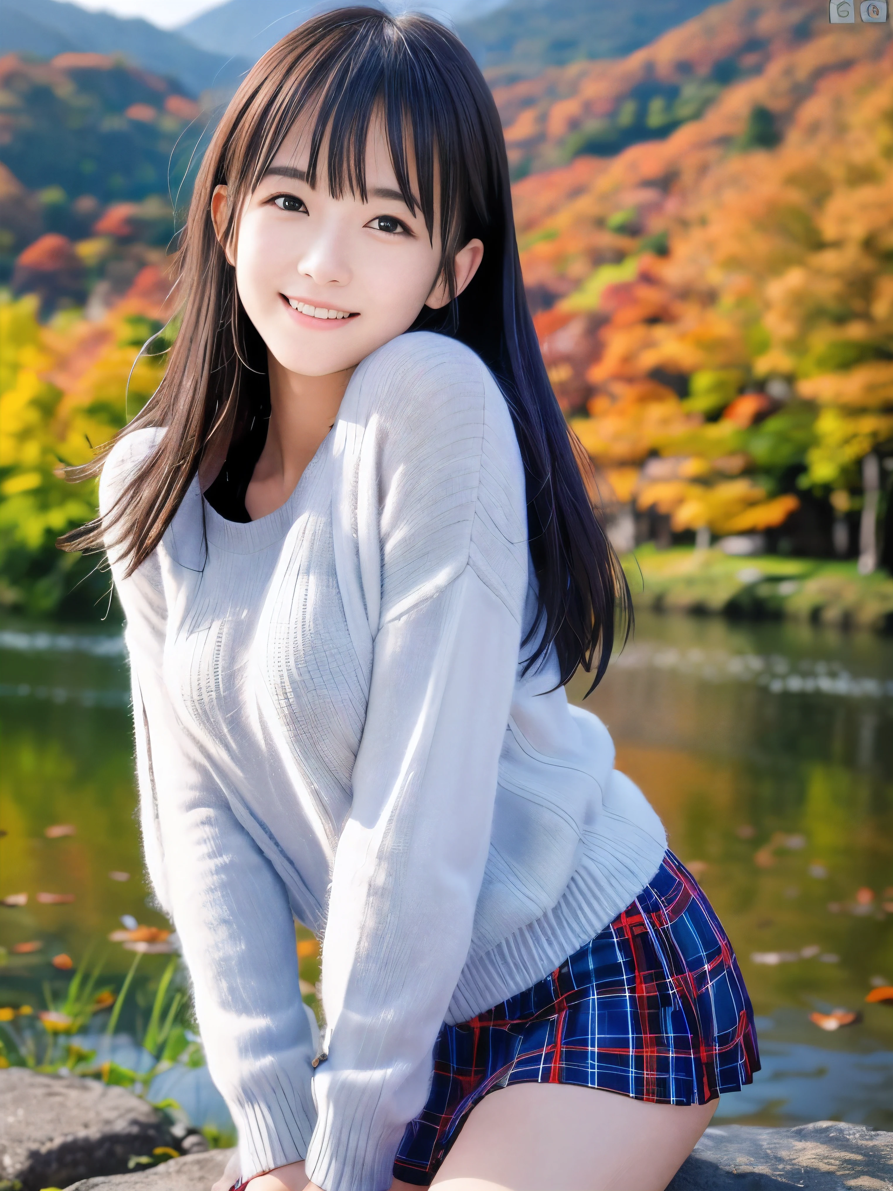 (Close up face shot of one slender small breasts half up brown long hair with bangs girl in a long sleeves shirt and sweater and skirt:1.5)、(One girl is leaning forward with happy smile on the dart road near the lake and big waterfall in Japan:1.5)、(Beautiful autumn red leaves and mountain view:1.5)、(Natural light:1.5)、(8k ultra detailed master piece:1.5)、(perfect anatomy:1.5)、(Photorealistic stick:1.5)、(Raw photo:1.3)、(highest quality:1.5)、(High resolution:1.3)、(Delicate and beautiful perfect face:1.3)、(Delicate and beautiful eye air skin:1.3)、(Real Human Skin:1.3)、((thin legs))