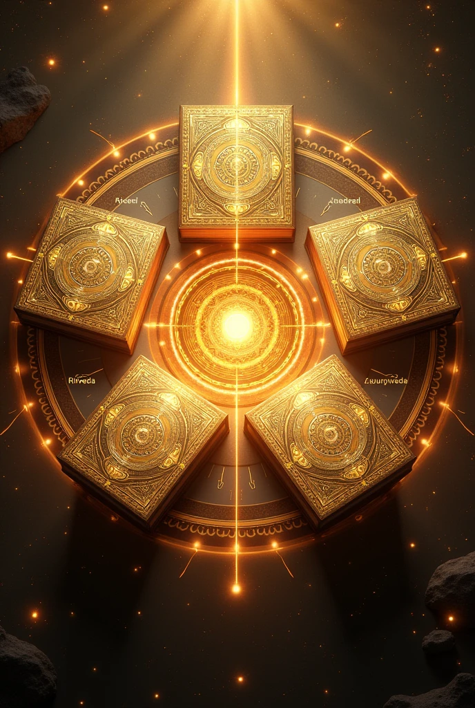 Here’s a prompt you can use to generate a similar image:
"Create an image of the four Vedas—Rigveda, Samaveda, Yajurveda, and Atharvaveda—represented as ancient, ornate books, each with intricate golden designs on their covers. The books should be placed in a circular pattern, with a radiant, glowing mandala in the center, symbolizing spiritual unity. The background should have a cosmic feel, with stars and celestial symbols highlighting the sacred nature of the texts. The image should have a warm, golden color scheme, and the text labels for each Veda should be clearly visible named the four books as
four Vedas Rigveda, Samaveda, Yajurveda, and Atharvaveda