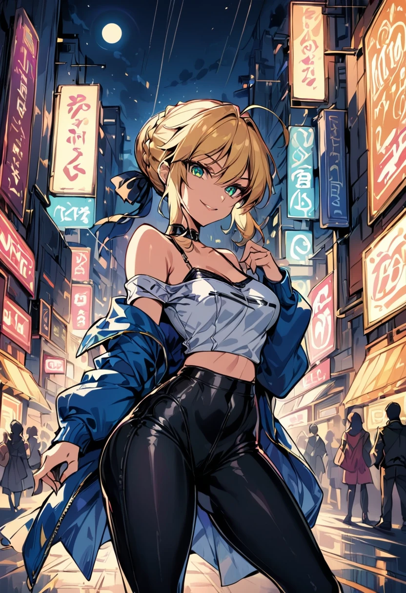 score_9, score_8_up, score_7_up, score_6_up, rating_safe, source_anime, BREAK beautiful Artoria Pendragon (blonde, braid, ribbon, hair ribbon:1.2), sexy smirk, BREAK tight pants, off the shoulder top, high heels, choker, BREAK walking in downtown Tokyo, neon lights, Extremely detailed, gorgeous female, BREAK midnight, full moon, shallow depth of field, BREAK highly detailed, bokeh, moody, epic, gorgeous, grainy, BREAK (ultra-detailed), (best illustration), (best shadow), (absurdres), (detailed background), (very aesthetic).