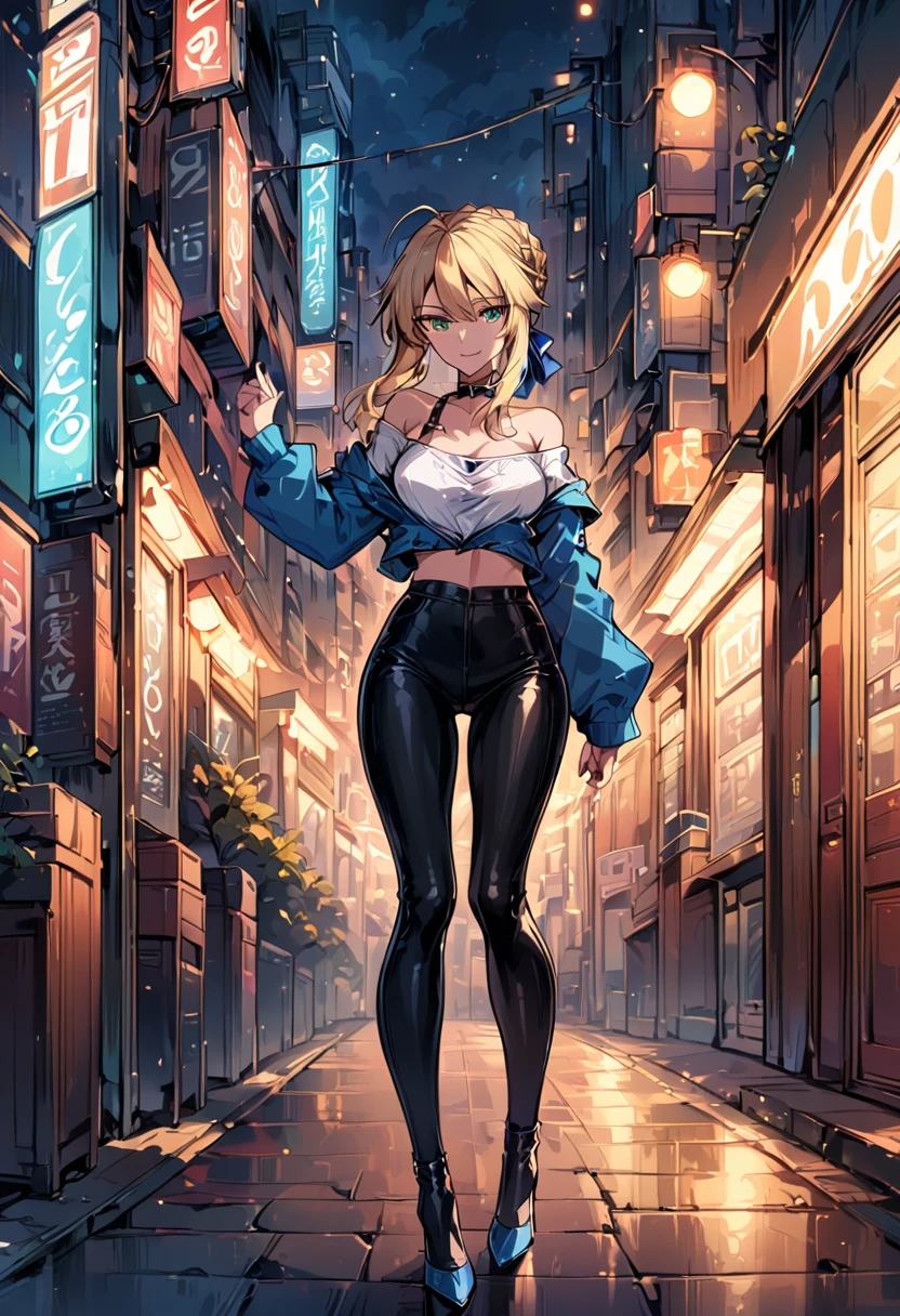 score_9, score_8_up, score_7_up, score_6_up, rating_safe, source_anime, BREAK beautiful Artoria Pendragon (blonde, braid, ribbon, hair ribbon:1.2), sexy smirk, BREAK tight pants, off the shoulder top, high heels, choker, BREAK walking in downtown Tokyo, neon lights, Extremely detailed, gorgeous female, BREAK midnight, full moon, shallow depth of field, BREAK highly detailed, bokeh, moody, epic, gorgeous, grainy, BREAK (ultra-detailed), (best illustration), (best shadow), (absurdres), (detailed background), (very aesthetic).