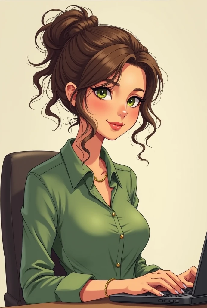 art mignon, art simple , femme, yeux vert, cheveux brun très très court, un ordinateur sur un bureau, dessin