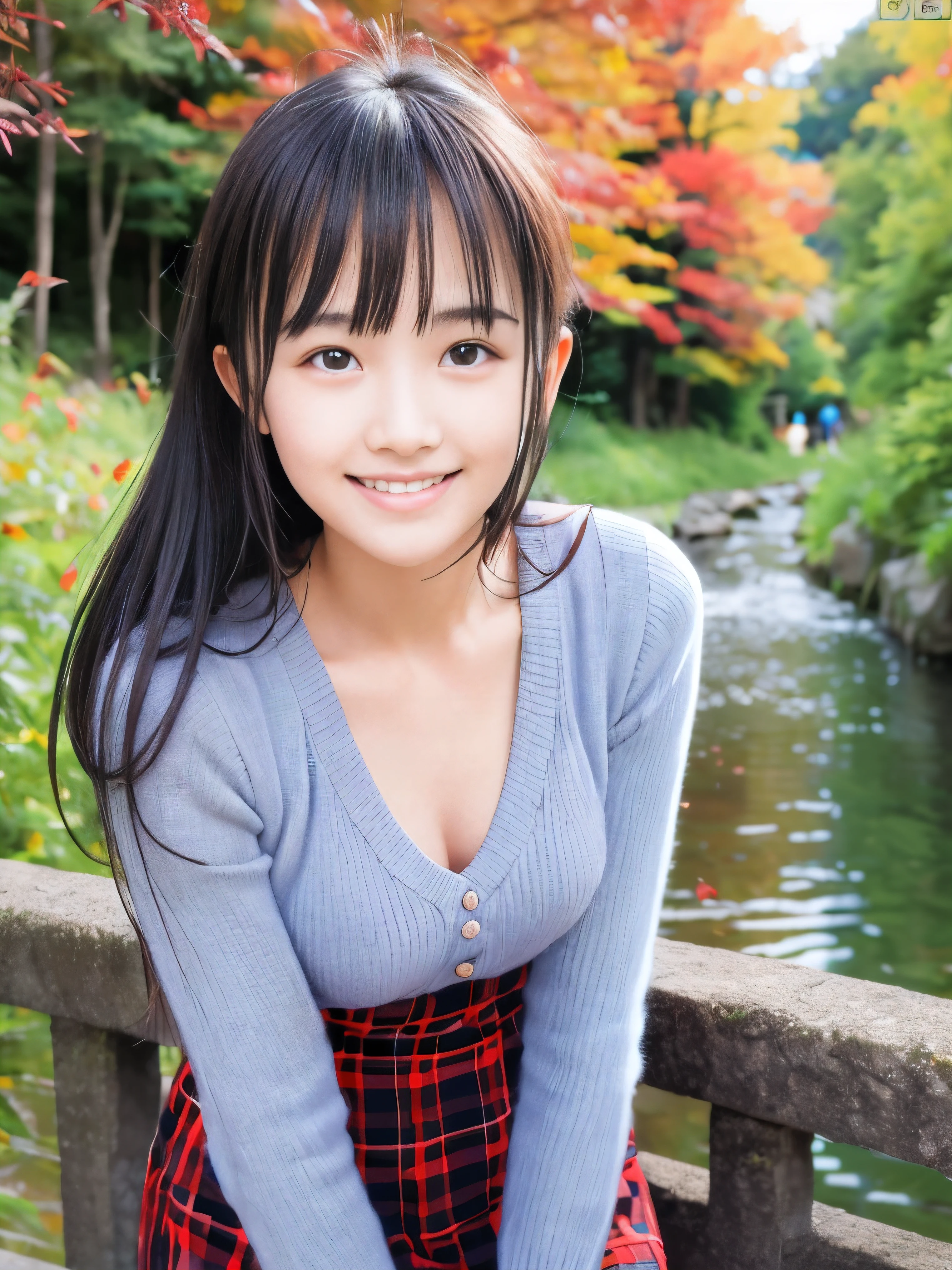 (Close up face shot of one slender small breasts half up brown long hair with bangs girl in a long sleeves shirt and sweater and skirt:1.5)、(One girl is leaning forward with happy smile on the dart road near the lake and big waterfall in Japan:1.5)、(Beautiful autumn red leaves and mountain view:1.5)、(Natural light:1.5)、(8k ultra detailed master piece:1.5)、(perfect anatomy:1.5)、(Photorealistic stick:1.5)、(Raw photo:1.3)、(highest quality:1.5)、(High resolution:1.3)、(Delicate and beautiful perfect face:1.3)、(Delicate and beautiful eye air skin:1.3)、(Real Human Skin:1.3)、((thin legs))