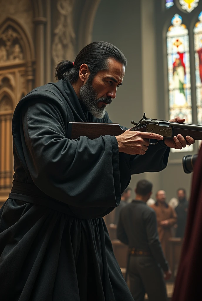 John wick very very old wearing a ponytail and wearing a church father robe while holding a gun and fighting full picture