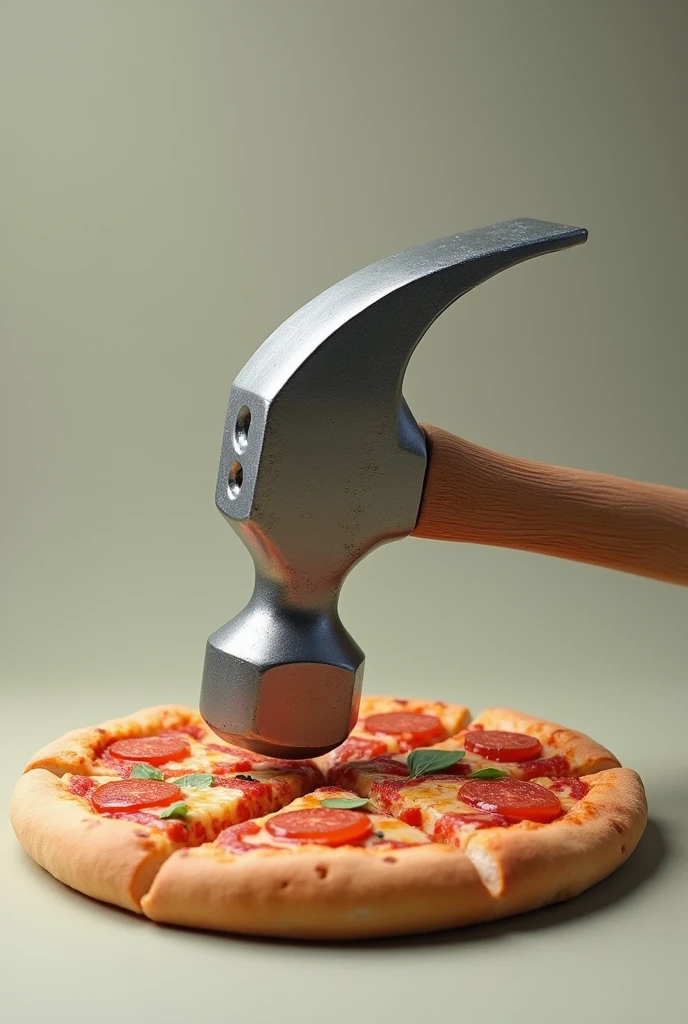 The hammer's head is being rolled across a pizza, cutting it into slices