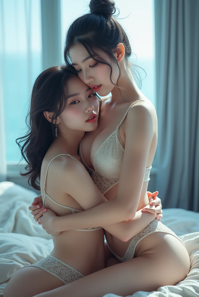 two girls, aristocracy, beautiful, slender, sexy, big elastic breasts, makeup, sexy lace underwear, sexy lace bra, sexy lace panties, sexy lace stockings, evening, sunset, caressing each other, kissing each other on the lips