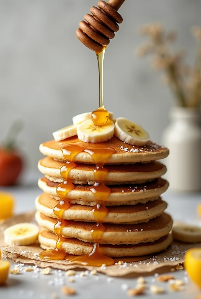 Oatmeal Pancake: A stack of oat pancakes garnished with banana slices and a drizzle of honey.