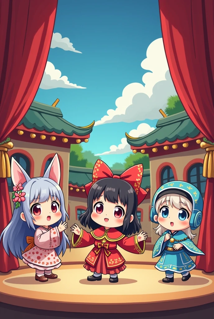A group of people performing theater, in chibi anime style full body