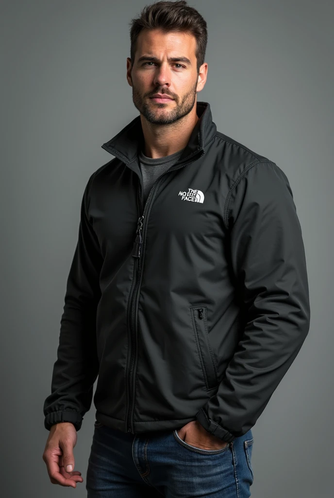 handsome man, standing straight facing forward,with a closed North Face cold weather jacket, denim jeans pants, on a greyish background. Medium camera shot.