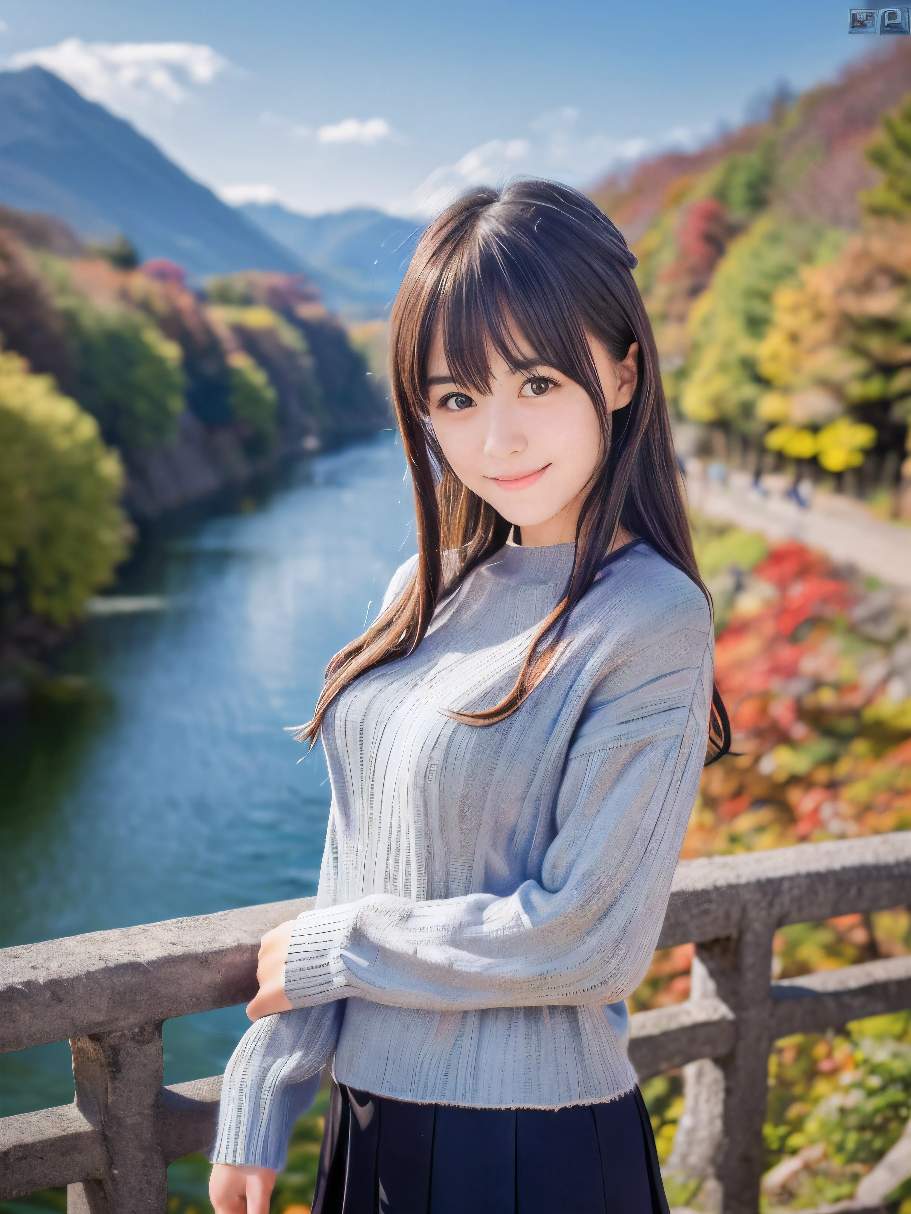 (Close up face shot of one slender small breasts dark silver long hair with swept bangs girl in a long sleeves shirt and sweater and skirt:1.5)、(One girl is leaning forward with happy smile on the dart road near the lake and big waterfall in Japan:1.5)、(Beautiful autumn red leaves and mountain view:1.5)、(Natural light:1.5)、(8k ultra detailed master piece:1.5)、(perfect anatomy:1.5)、(Photorealistic stick:1.5)、(Raw photo:1.3)、(highest quality:1.5)、(High resolution:1.3)、(Delicate and beautiful perfect face:1.3)、(Delicate and beautiful eye air skin:1.3)、(Real Human Skin:1.3)、((thin legs))