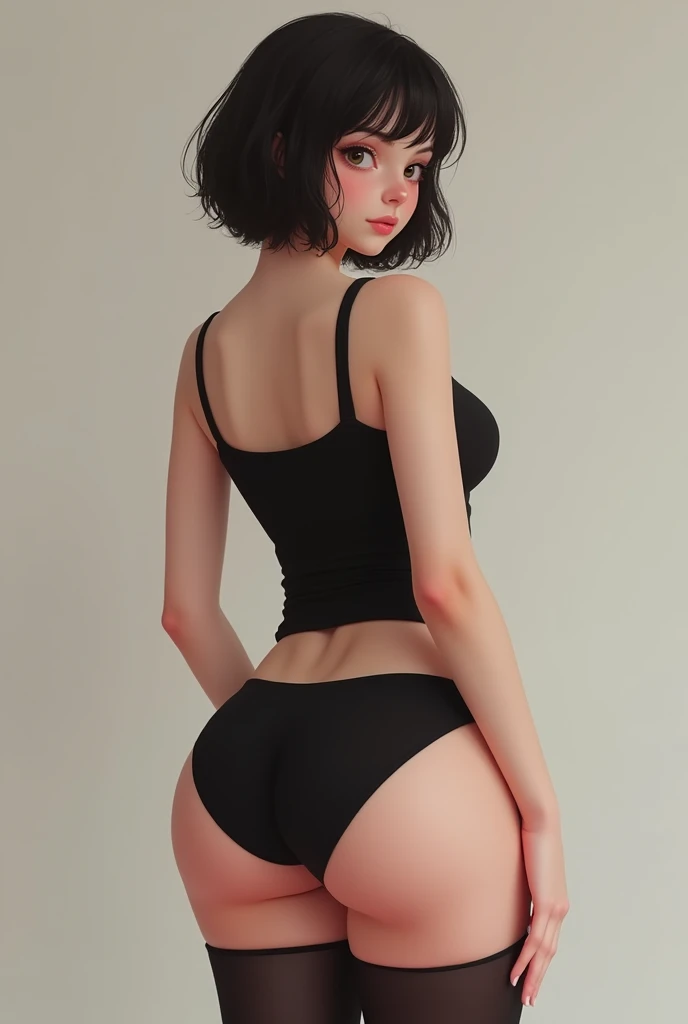 Short black hair, E-cup chest,thick thighs, soft body, curvy, clear skin, slim, young girl like body, round firm backside, black tanktop, black stoking, micro skirt, peeking panties, black panties