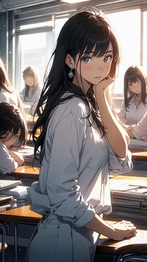 A man is surrounded by three office ladies.。One out of every three women is a senior to the men..、One is a male colleague、One is a male junior..。The man is wearing a suit and looks nervous...。The location is the office。