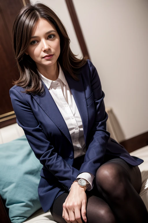 woman　cute　Businesswoman　40 years old　Skinny　President&#39;s Secretary　Office Lady Suit　　short hair　Tight Skirt　 ((small and soft breasts))、(Breast bulge accentuated through clothes:1.3)　Full Hips　　No panties in full view　hands back ロープボンデージ　View from the front　Smile　President&#39;s office　sitting with one&#39;s legs apart on the desk