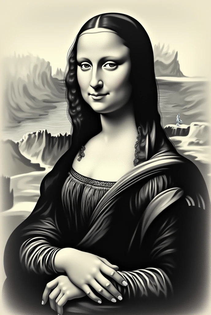 Reinterpretation of the Mona Lisa, only if it was painted today, put something as an earring, iPhone, sla, and I want it in the form of a drawing to draw