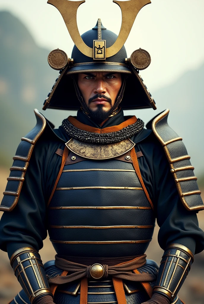 Create an ultra-realistic image of a samurai from the waist up, focusing on a frontal view of the bust. The samurai should be wearing traditional Japanese armor, featuring intricate, textured details like polished metal plates, leather, and silk. The helmet (kabuto) should be designed to showcase the face, with an intense and determined expression. The armor should include shoulder guards, a chest plate, and visible chainmail. The background should be neutral or a subtle landscape that enhances the figure, with soft lighting to highlight the details and textures of the armor. Ensure that the samurai’s serious expression and imposing presence are clearly captured from the frontal perspective.