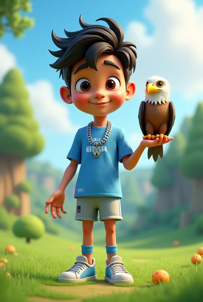 A 3D cartoon 20 year boy wearing sky colour jersey and silver colour lower, standing in a green field, write Niraj on his dress, wearing a silver chain in his neck, a eagle sitting on his hand