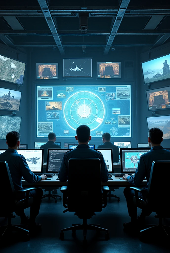 Drone controller, screens, big screen, control room, command room, technology, military, lights in room, light picture,