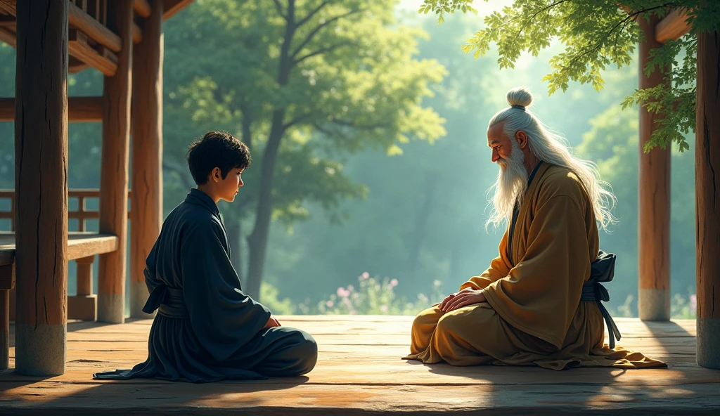 Inside the temple, Hiro found Master Koji sitting on a wooden platform overlooking a serene garden. The old master’s presence was immediately calming, like a deep breath in the midst of a storm. Koji’s robes, a blend of earthy browns and greens, made him seem almost like a part of the landscape, a wise old tree rooted deeply in the earth. His long white hair was neatly tied into a topknot, and his beard flowed down to his chest, giving him an air of ancient wisdom. Despite his age, his posture was straight, his eyes sharp, reflecting years of knowledge and inner peace
Hiro hesitated for a moment, unsure of how to address the master. But before he could speak, Koji opened his eyes and offered a gentle, knowing smile. “Welcome, young one,” Koji said, his voice calm and soothing. “You carry a heavy burden. Sit, and let us share in your worries.” Hiro, dressed in his dark blue kimono, knelt down before Koji, feeling a mix of relief and nervousness. He had traveled far for this moment, and now, face to face with the master, he hoped that his search for peace had finally led him to the right place