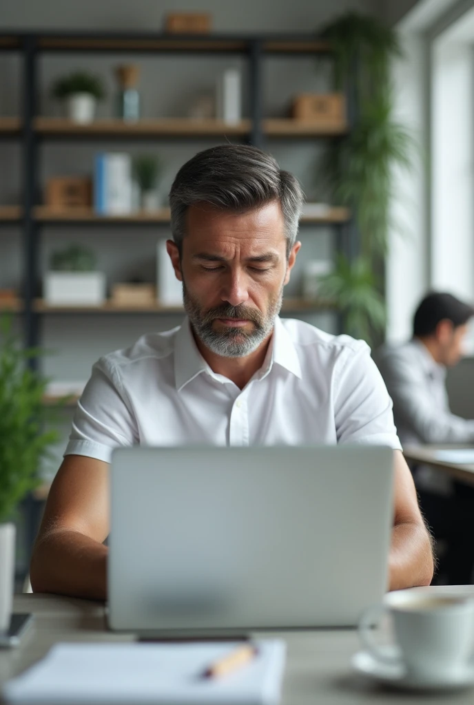 GENERATES AN IMAGE OF A 30-YEAR-OLD MANAGER IN A WHITE SHORT-SLEEVED SHIRT SITTING AT HIS DESK WITH HIS LAPTOP