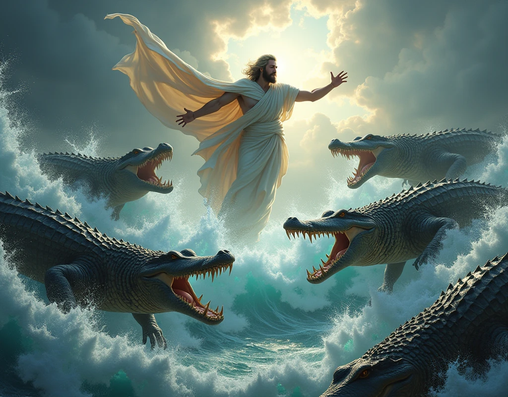 We need an image of a zeus flying over a sea and some big crocodiles with their mouths open to talk.