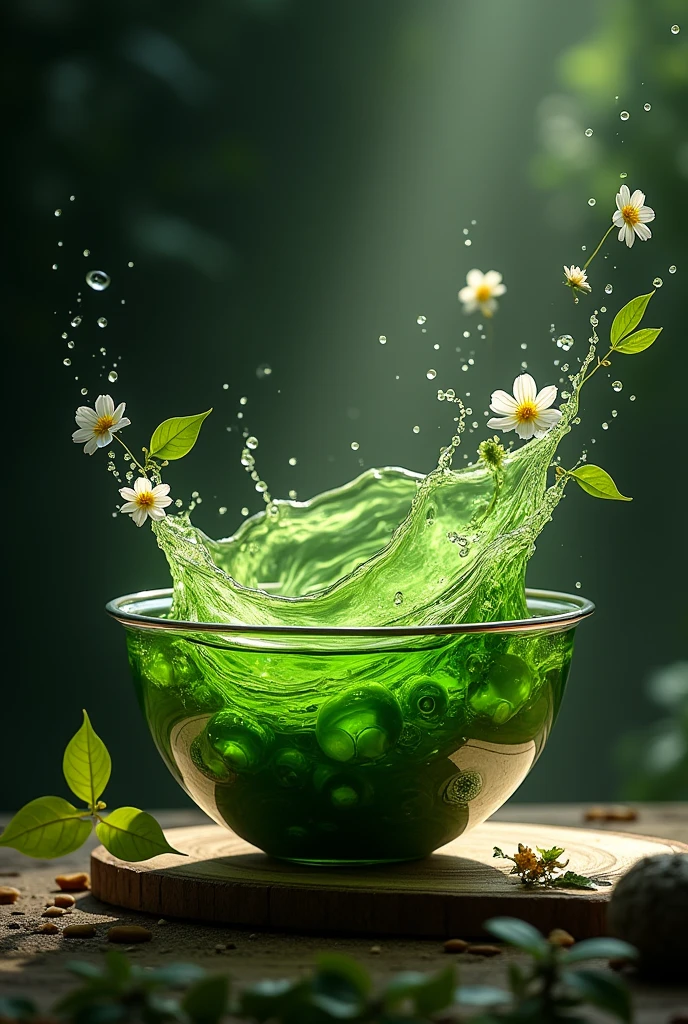 Product Design，Green tea seen from above，Silver edge bowl，Splashing green tea，Black background，Surrounded by leaves and flowers，Leaves flutter，Magnificent Vortex，steampunk