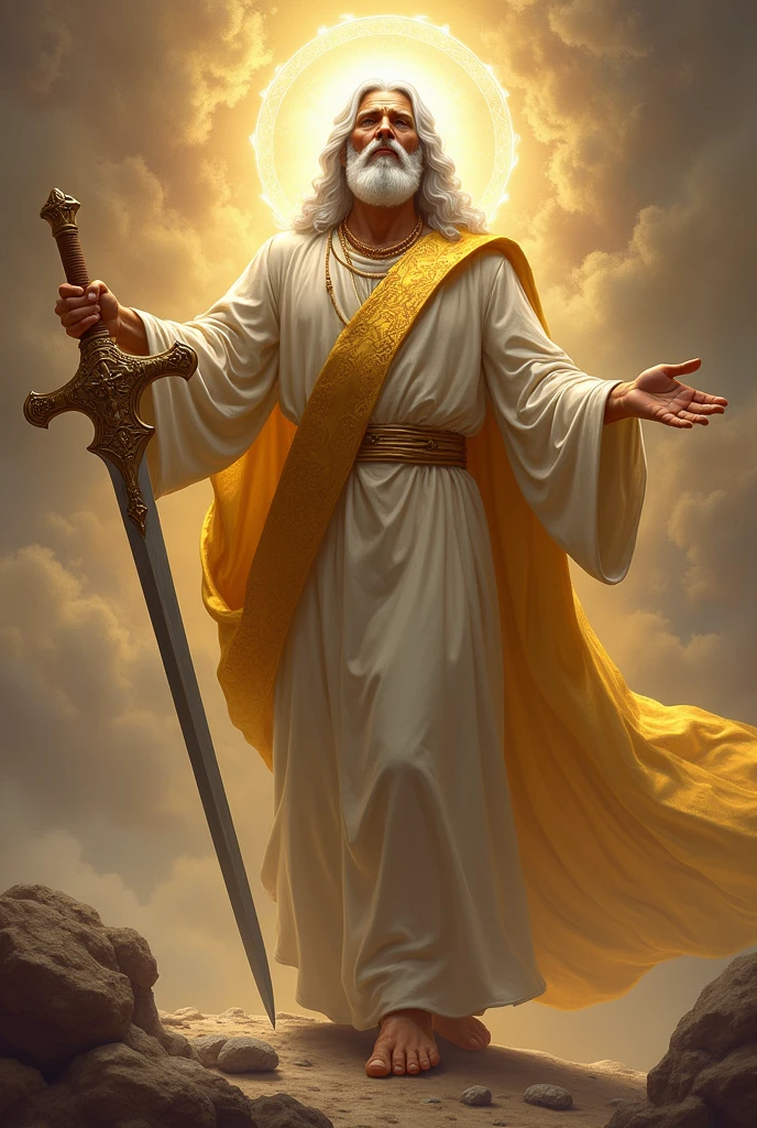 the Son of Man, clothed with a long robe and with a golden sash across his chest. His head and his hair were white as white wool, white as snow; his eyes were like a flame of fire, his feet were like burnished bronze, refined as in a furnace, and his voice was like the sound of many waters. 16 In his right hand he held seven stars, and from his mouth came a sharp, two-edged sword, and his face