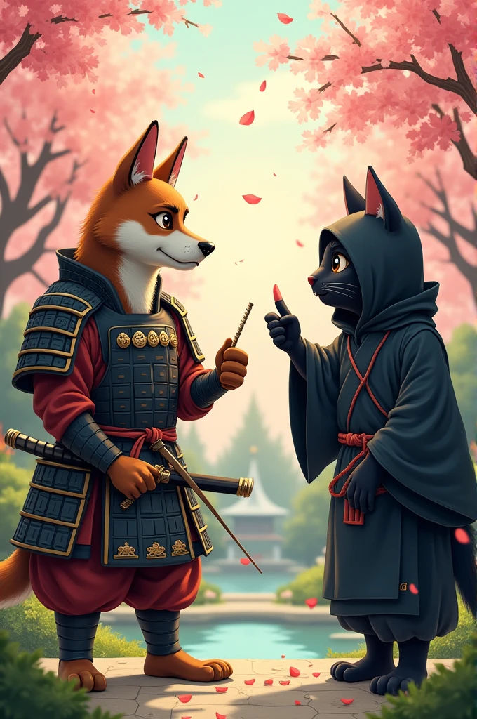 A samurai dog and a ninja cat playing rock paper scissors