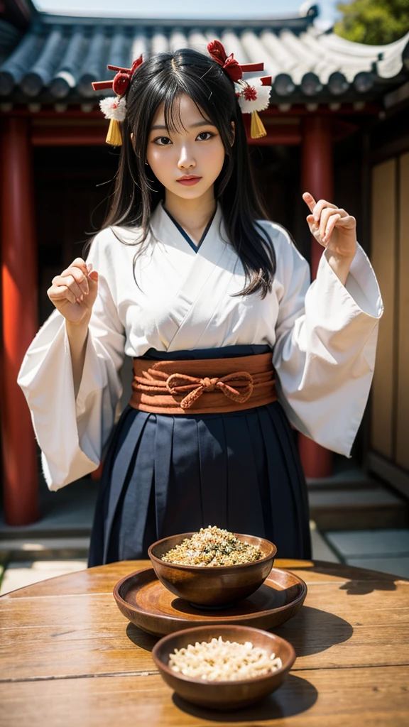 ((最high quality、Tabletop、8k、Best image quality))、Japanese Shrine maiden of the Edo period、日本のhair飾り、Shrine maiden&#39;White、Shrine maiden千早、Shrine maiden&#39;Red too、long Red too、perfect red and white Shrine maiden costume、The atmosphere of ancient Japan、classic and classic Shrine maiden、Classic atmosphere、Depiction of the film、classic Shrine maiden、Full of Japanese atmosphere from the Edo period、Look at me、Elegant smile、Upper body photo、Perfectly recreates the atmosphere of Japan during the Edo period、halo、high quality、Japanese Idols、Line of sight、Medium Bob Hair、茶hair、Brown eyeshadow、Light pink blush、eyeliner、Beige lipstick、Glossy lips、細かいhair、少し乱れたhair、Fine lashes、Fine skin pores、(Realistic, 最high quality, Ultra-high resolution, Highly detailed eyes and face:1.3),(One person, alone:1.3),skirt,jewelry,length_hair,necklace,Earrings,Perfect body,Are standing,Large Breasts,View your viewers