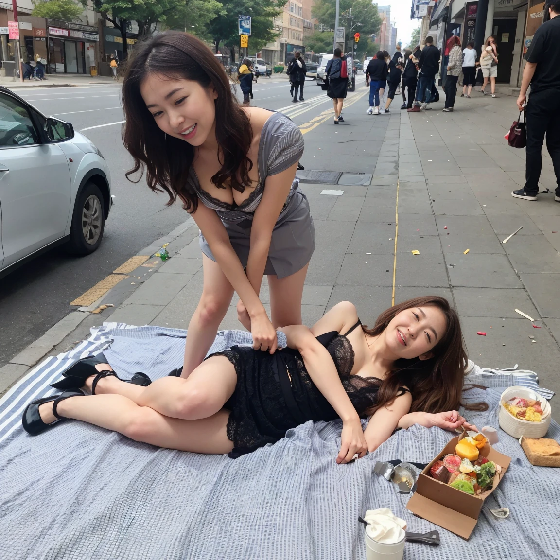 Highest quality、Highest quality、Highest Resolution、masterpiece、detailed、(There are beautiful women:1.2)、(light brown long curly hair)、(Full Body Shot:1.2)、(Smiling at the camera:1.3)、Shooting from a low angle、(She is drunk from drinking too much alcohol:1.3)、(Sleepy face:1.3)、Red cheeks、Legs wide open、A blouse with a plunging neckline and a mini skirt、Wearing lace bra and panties、Wearing a garter belt, stockings, a half coat, high heels and a shoulder bag、(A picnic sheet is laid out on the crowded sidewalk in front of the station.:1.5)、(He&#39;s drinking beer and asking me to join him for a drink.:1.5)、(Empty beer cans, empty whiskey bottles, lunch boxes, etc. are scattered around her.:1.5)