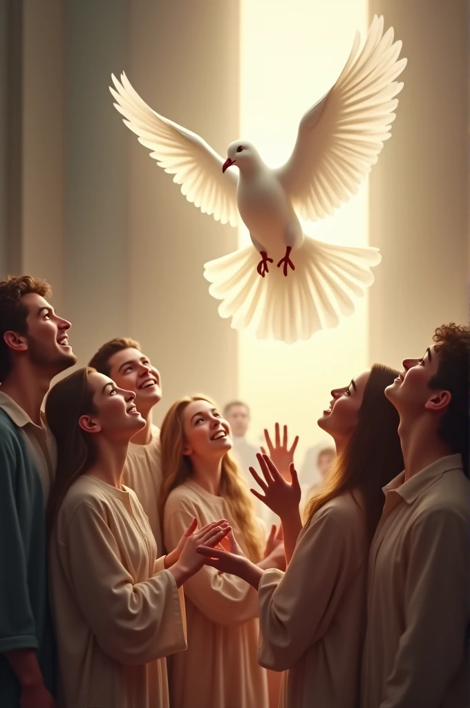Young people receiving the gift of the Holy Spirit in the form of a white dove