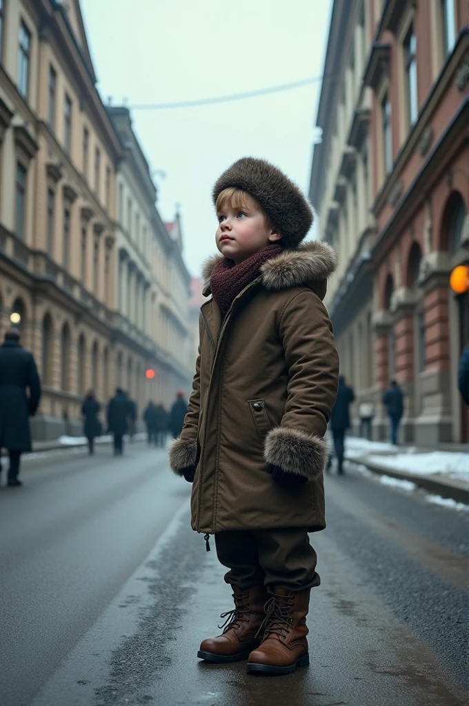 Full-length photo of a 1 Russian boy against the street